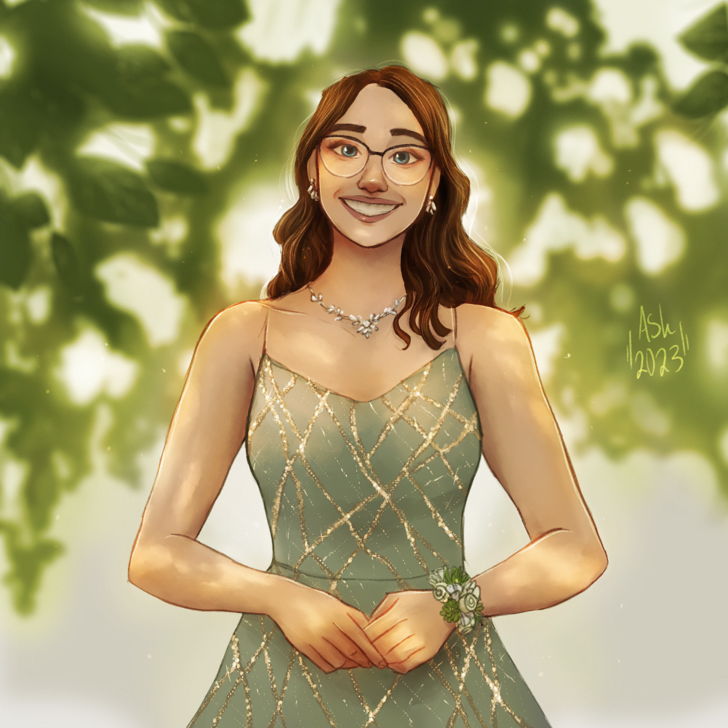 girl in sparkly dress with tree leaves in background